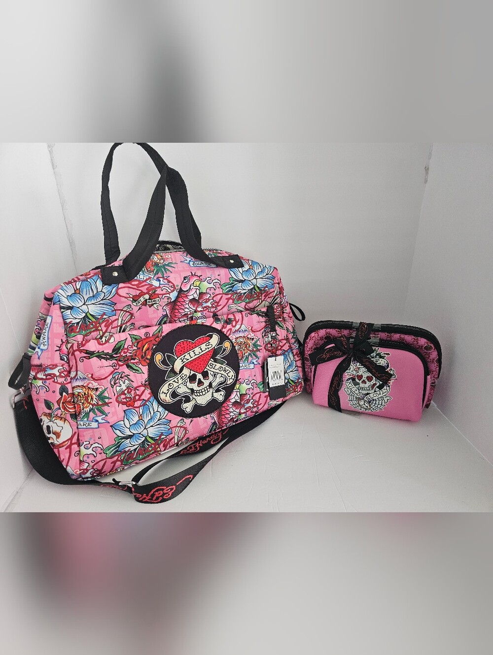 NWT! Ed Hardy-Rhinestone & pink tattoo neoprene Duffle & Cosmetic Bag SET!